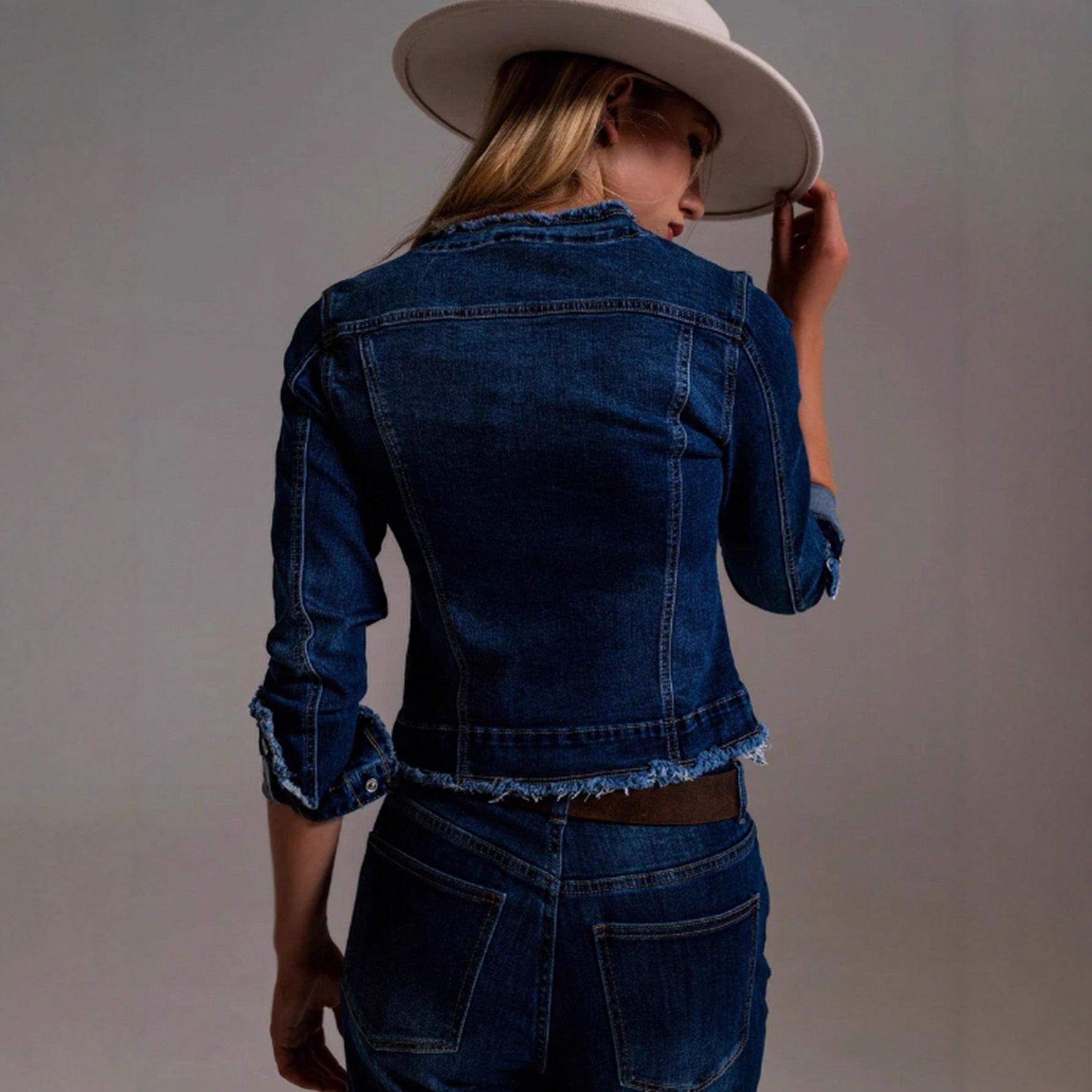 Women's Raw Edge Denim Jacket – Dark Blue, Inspired Cropped Style (S-XXL, European/US Sizing)_ecoleips.com