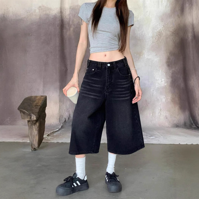 Plus Size American Trendy High-Waisted Black Cropped Jeans for Women Summer Thin Washed Retro Loose Wide-Leg Mid-Pants Plus Size American Trendy High-Waisted Black Cropped Jeans for Women Summer Thin Washed Retro Loose Wide-Leg Mid-Pants