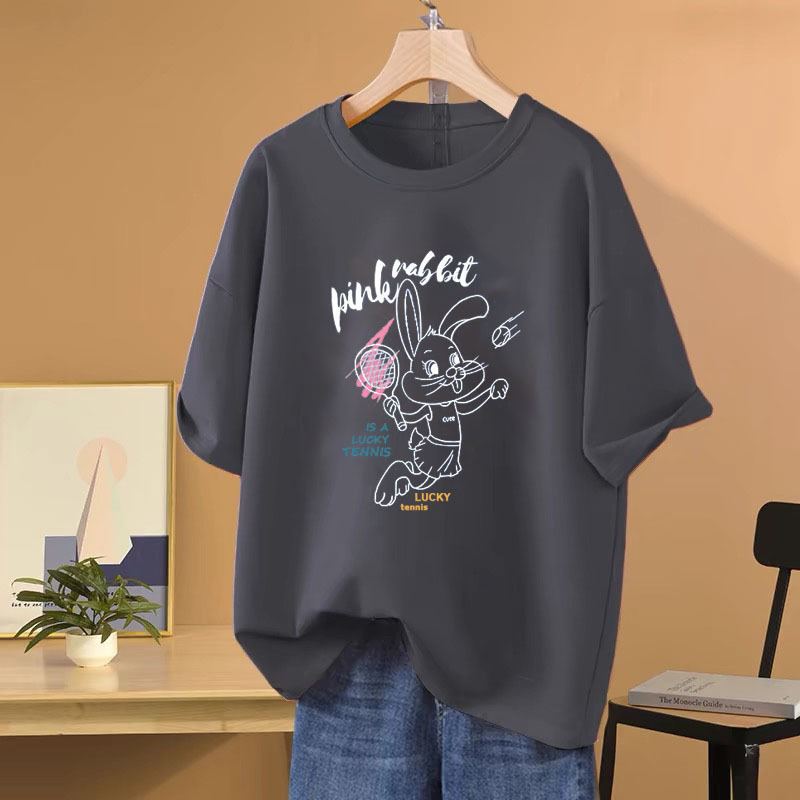 Loose Plus-Size 100% Pure Cotton Short-Sleeve T-Shirt for Women, 2026 New Style, Tummy-Concealing, Slimming, Cartoon Casual Design Top
