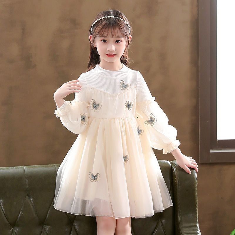Girls' Spring and Autumn Princess Dress, Gauze Skirt, Knitted Splicing Mesh Skirt, Children's Butterfly Embroidered Skirt, Three-Dimensional Decorative Skirt Hem
