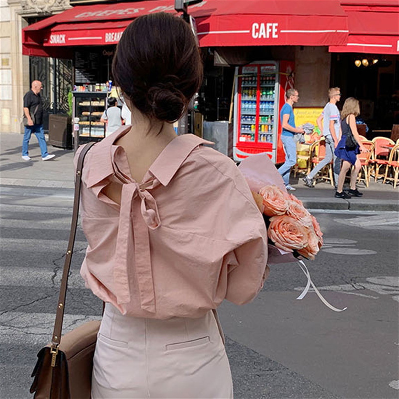 Spring and Autumn chic shirt women's design sense niche back strap careful machine all-match top sweet age-reducing Western style Spring and Autumn chic shirt women's design sense niche back strap careful machine all-match top sweet age-reducing Western style