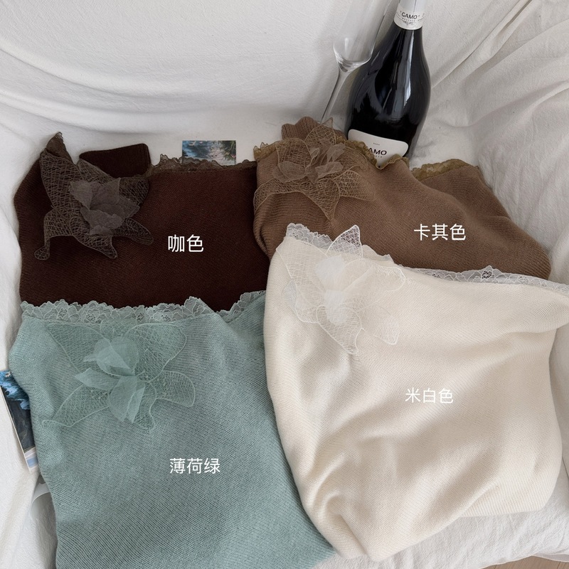 宽松立体花朵斜肩针织衫女蕾丝边羊毛长袖气质上衣2025秋季新款|undefined
