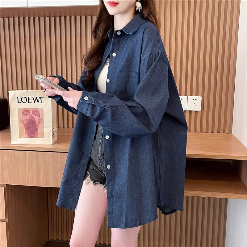Cross-Border Denim Shirt for Women Layered with Long Sleeves, Thin, Loose, Large Size, American Retro Denim Cardigan Jacket for Women