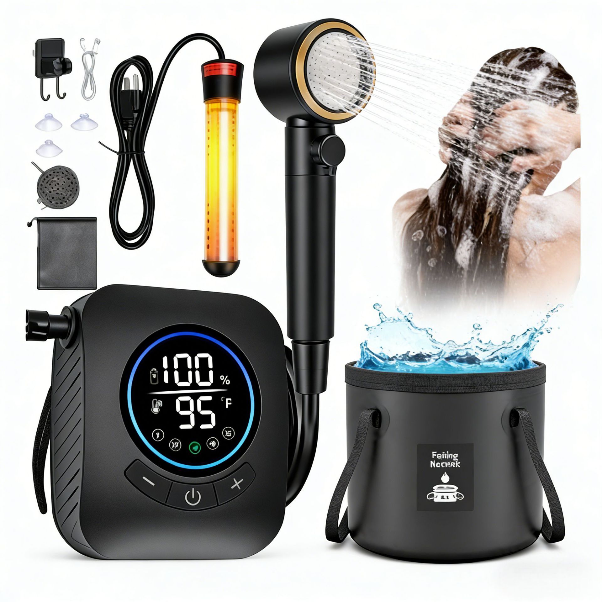 【HW-01-2】새롭게 업그레이드된 휴대용 샤워기 8000MA + 미국 표준 히팅로드 + 욕조