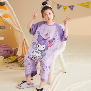 Girls One-Piece Pajamas Little Girl Summer Pure Cotton Big Children Air-Conditioned Home Clothes Cartoon Kuromi Short-Sleeved Jumpsuit