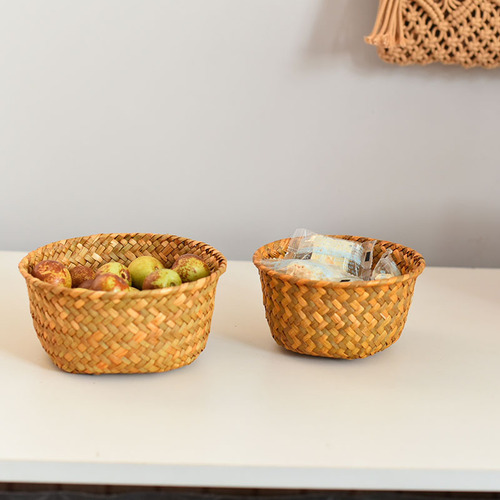 Natural seaweed woven storage basket kitchen ginger garlic storage basket small round entryway desktop miscellaneous storage basket