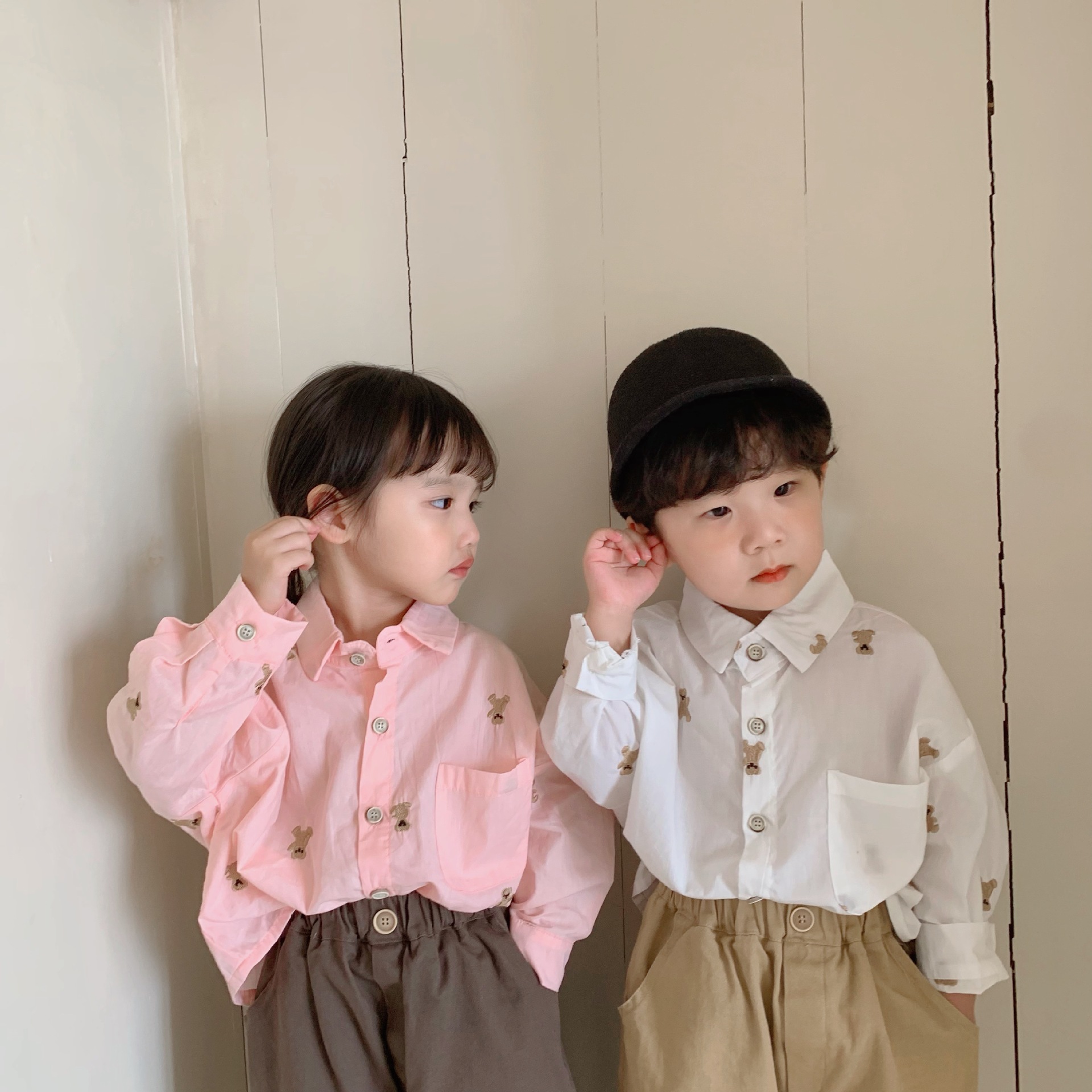 Children's long-sleeved shirts for boys and girls in spring and autumn 2023 new pure cotton style embroidered bear shirt baby tops
