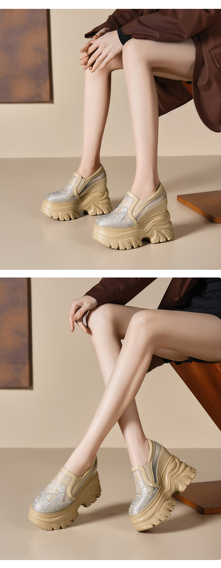 Giày sneaker platform nữ đế dày 12cm, lưới thoáng khí, phong cách loafer lỗ xỏ — Màu đen chi tiết 4