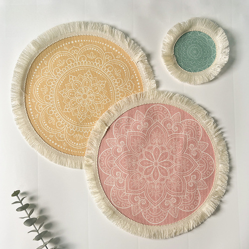 Bohemian cotton line table mat, Nordic fabric woven round mat, home kitchen heat insulation and anti-scald mat, tassel table and cup mat