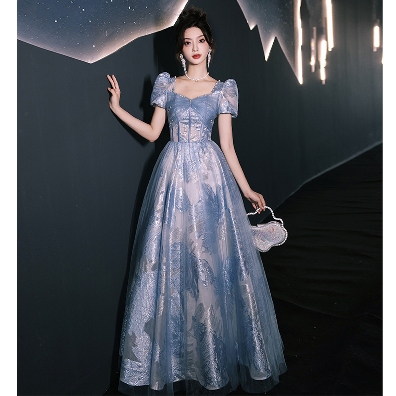 Blue Banquet Evening Dress 2026 New French Light Luxury Niche Style Long Adult Ceremony Off-Shoulder Dress
