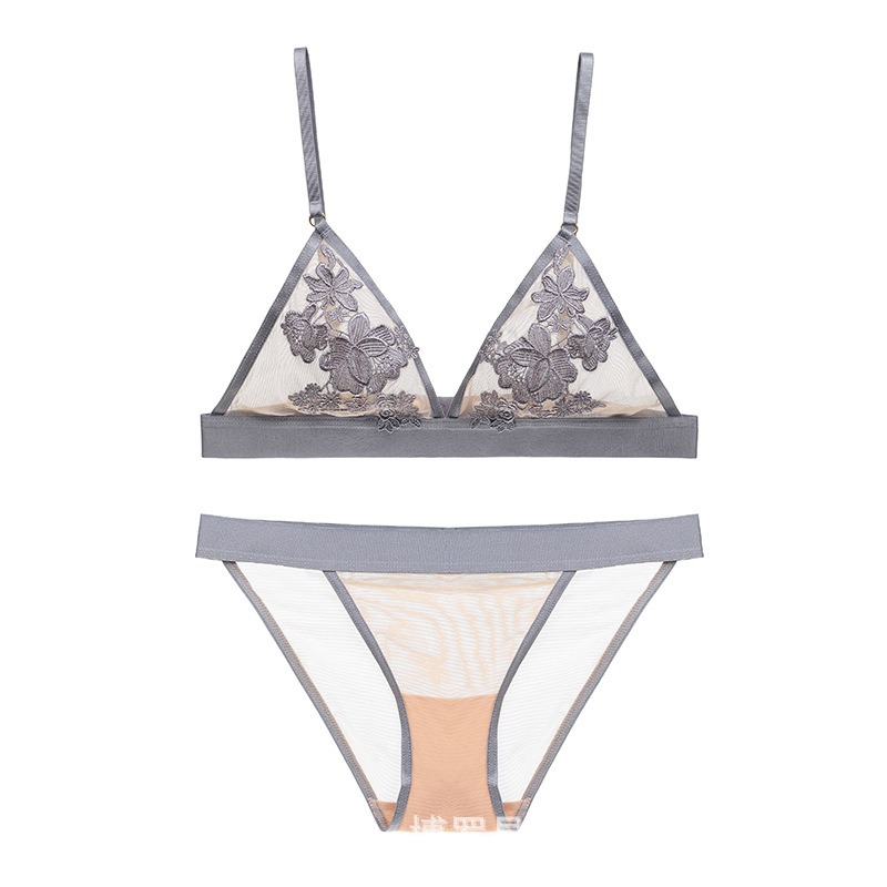 Europeo y americano sexy transparente más tamaño bordado sujetador traje inalámbrico pecho grande pequeño ultra-delgado triángulo taza ropa interior bar