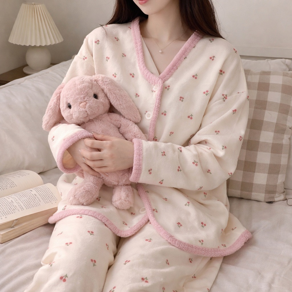 Cereza adorable aire algodón intercalado otoño invierno engrosado pijama mujer 2026 nuevo conjunto de ropa de hogar cálida de manga larga