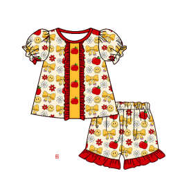 欧美童装外贸批发女孩红色苹果黄色铅笔夏季小飞袖泡泡袖套装