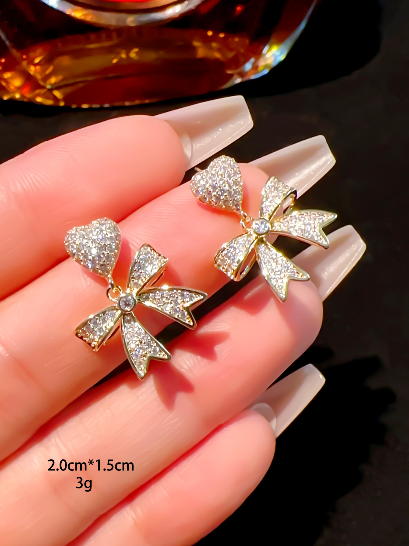 925 Sterling Silver Ear Needle Material Zircon Inlay Material 1 Pair Simple Style Heart Shape Bow Knot Plating Inlay Copper Zircon Drop Earrings