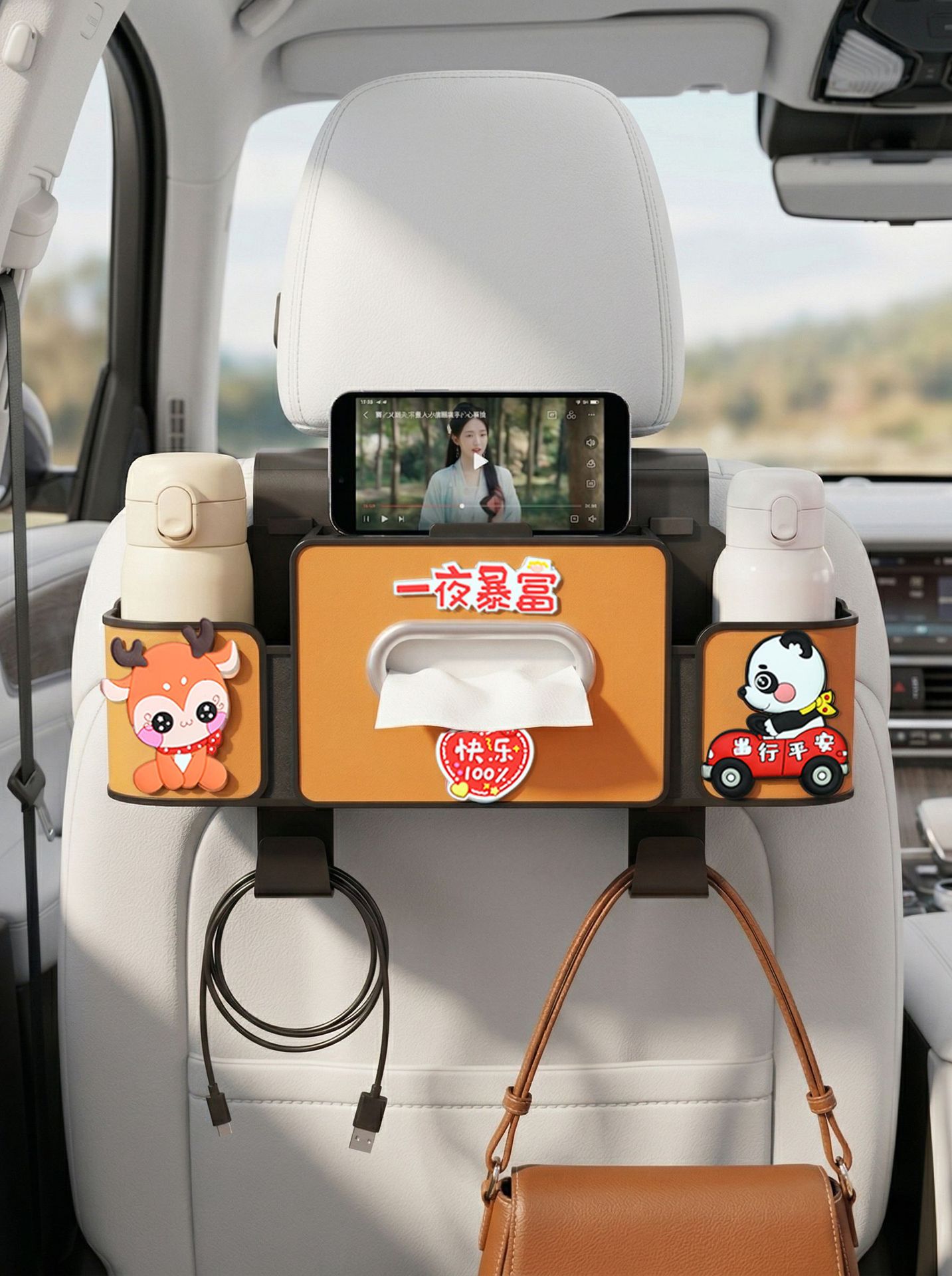 Car seat back storage box, cute cartoon design, multifunctional tissue box, phone holder, hanging rear seat storage box