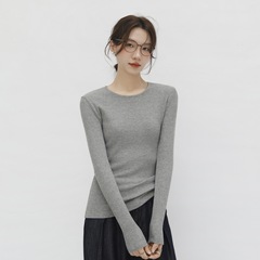 弹力针织长袖T恤女圆领外穿通勤修身显瘦坑条螺纹正肩打底衫上衣