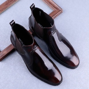 New autumn and winter high-top leather shoes leather glossy Chelsea boots men's slip-on Martin boots sleeve short boots