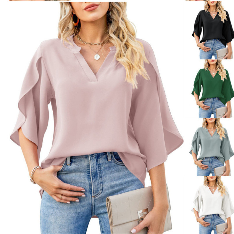 2025 국경 간 테무 여름 새로운 유럽과 미국 여성의 꽃잎 슬리브 탑 느슨한 V 넥 쉬폰 셔츠