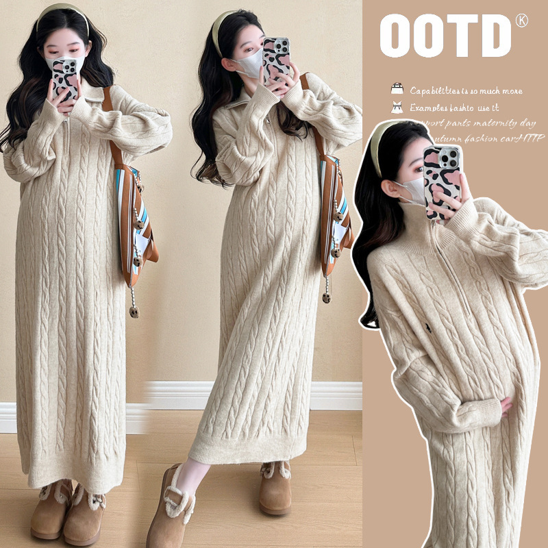 2025 Maternity Autumn and Winter Twist Sweater Dress Half-High Collar Zipper Lapel Straight Knitted Pregnancy Dress 2025 Maternity Autumn and Winter Twist Sweater Dress Half-High Collar Zipper Lapel Straight Knitted Pregnancy Dress