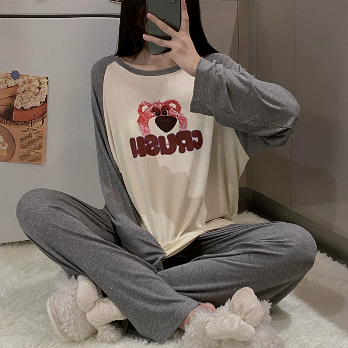 Оверсайз пижамный комплект (cute strawberry) — лонгслив и брюки, круглый ворот, мультяшный принт