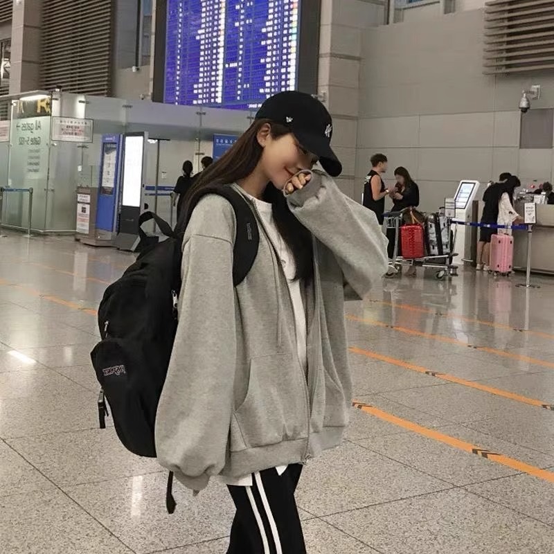 Jacket gris pálido chaqueta cardigan con capuzas mujeres simple primavera y otoño nuevo estilo casual de tamaño grande suelto chaqueta versátil