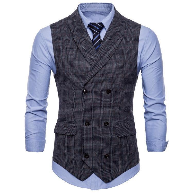 Spring and Autumn New AliExpress Foreign Trade Men's Business Plaid Suit Vest Korean Style Slim-fit Fashion Double-breasted Vest