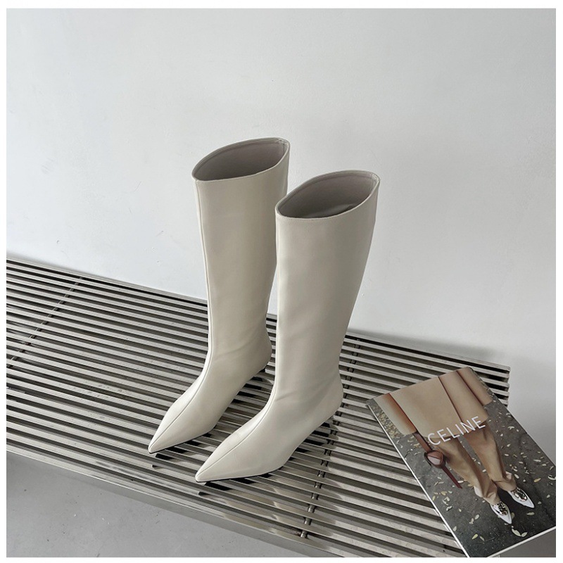 2024 Spring and Autumn Season New Versatile Simple Fashion Wide Korean Version Pointed Sleeve High Boots Soft Leather_voghion.com