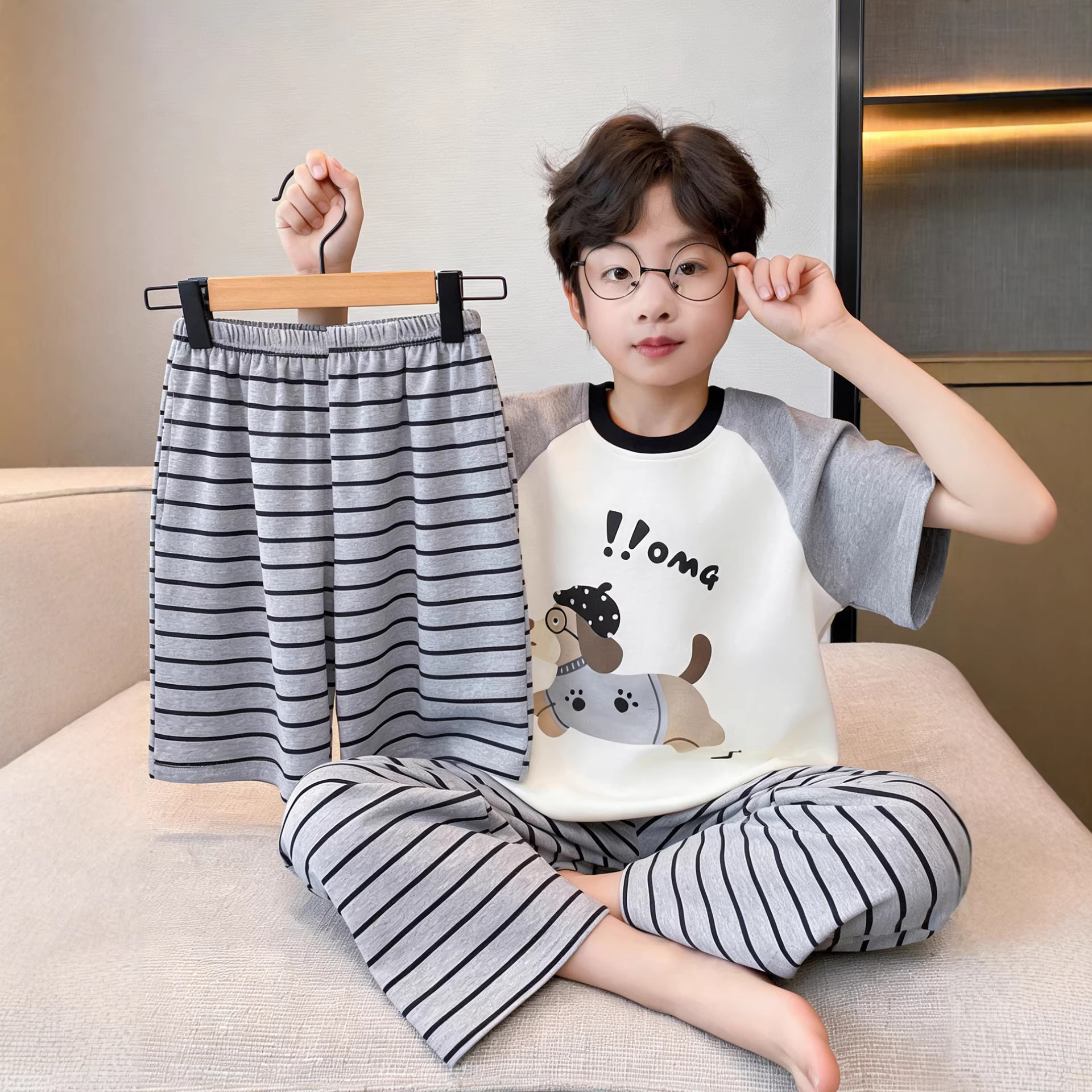 Good-Looking Pajamas for Kidsren, Summer Three-Piece Set for Boys, Pure Cotton, Thin, Short-Sleeved, Summer Style, Boys' Home Clothes, 2026 New Style