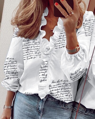  Amazon Wish AliExpress eBay Spring and Summer New European and American Long-sleeved Ruffled Blouse Women's Shirt 