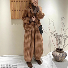 秋季森女文艺宽松西装领外套亚麻阔腿裤子休闲裤夹棉保暖套装