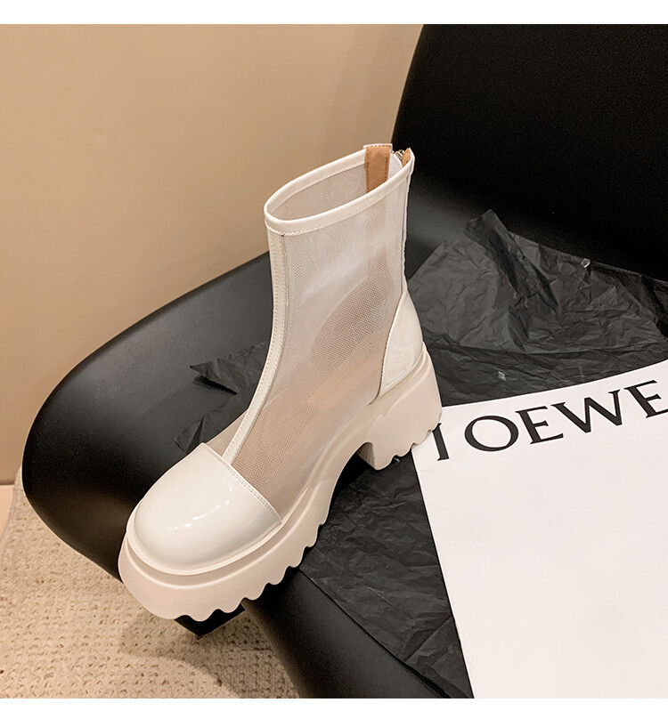 Boot ngắn nữ da thật vải lưới cao gót 6cm mùa hè phong cách Anh thoáng khí — Màu đen, Trắng be chi tiết 53