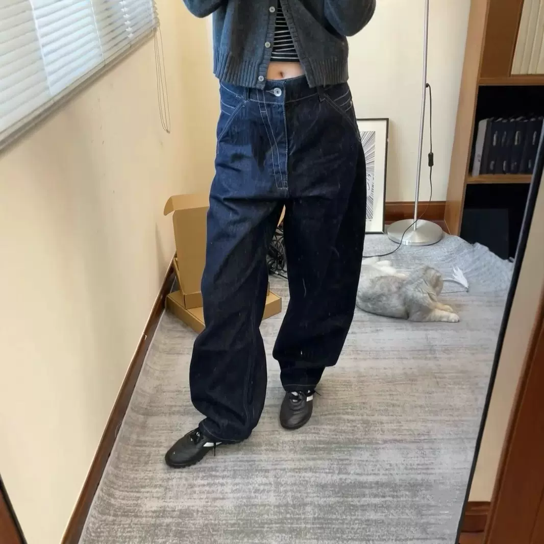 A3宽松休闲阔腿牛仔裤复古丹宁原色中性中高腰掉裆牛仔裤女3076