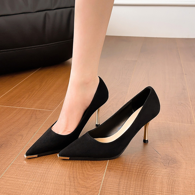 Wide High-Heeled Shoes with Thin Pointed Toe, Electroplated Heel, Shallow Mouth, Thick Sole, Iron Toe, Suede, Solid Color, Large Size Women's Shoes, Plemei Wide High-Heeled Shoes with Thin Pointed Toe, Electroplated Heel, Shallow Mouth, Thick Sole, Iron Toe, Suede, Solid Color, Large Size Women's Shoes, Plemei