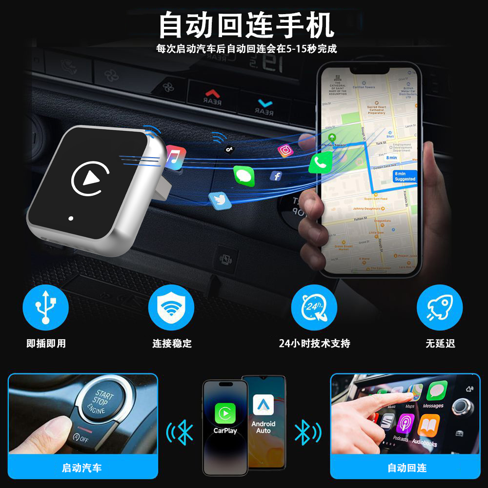 Cross-border best-selling carplay box, wired to wireless car-machine interconnection module, Android Auto two-in-one adapter