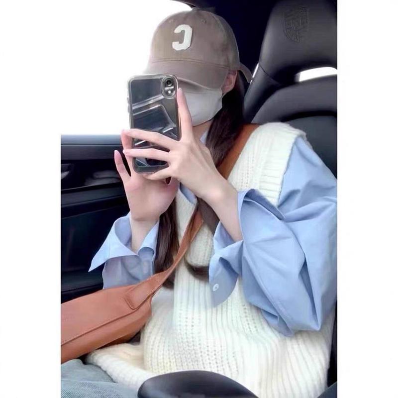 初秋叠穿纯棉蓝色衬衫女打底内搭长袖上衣宽松遮肉显瘦衬衣外穿潮|undefined