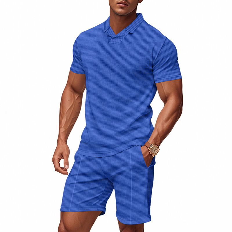 Men's American Style Relaxed Fit Summer Waffle Knit Polo Shirt And Shorts Set, Casual Breathable Two-Piece Outfit_viptrois.com