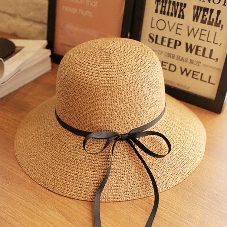 Women's Straw Hat Spring Summer Outdoor Sunshade Breathable Beach Cap With Black Ribbon Bow Casual Streetwear_voghion.com