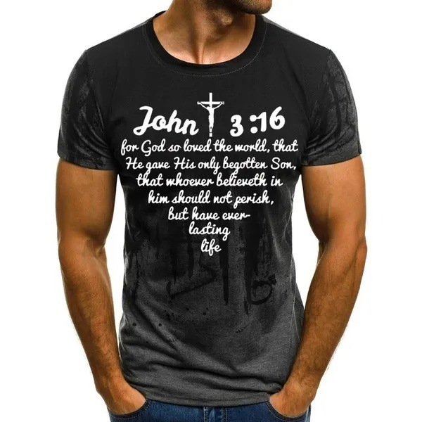 Verano casual suelto cuello redondo manga corta hombro transpirable camiseta de hombre Pascua Jesús gradiente lema 3D impresión