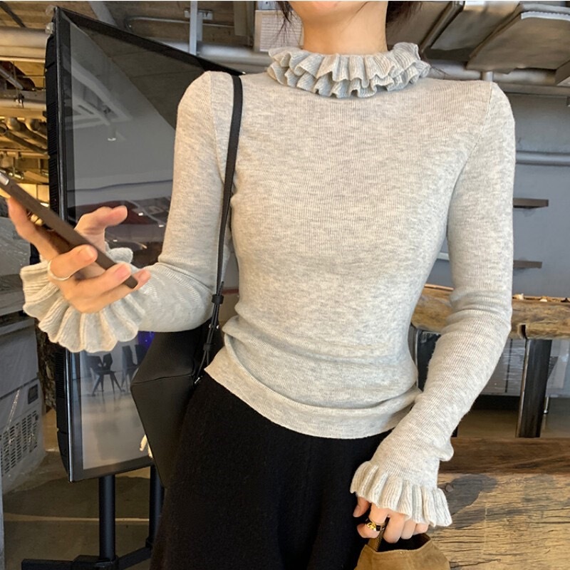 Ready Stock Good Fabric 2024 Autumn and Winter New Knitted Bottoming Shirt Elastic Slimming Look Slim Western Style Wool Top