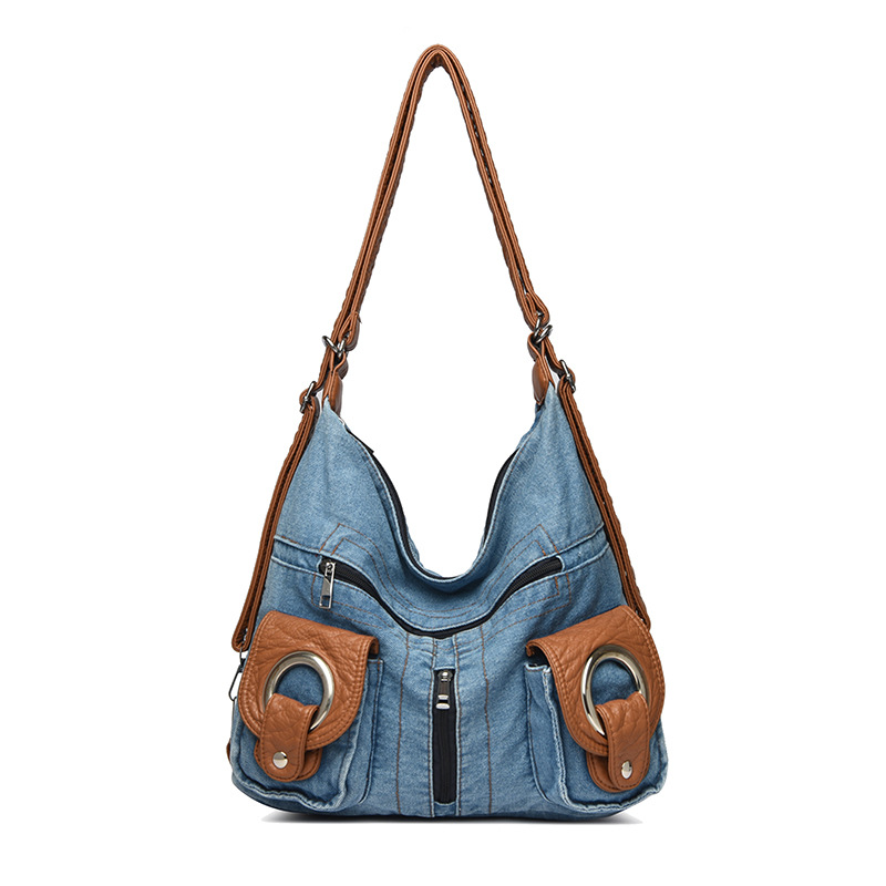 Cross-Border Women's Denim Backpack Original Niche Casual Motorcycle Commuter Bag Crossbody Canvas Bag Design - Thumbnail 6