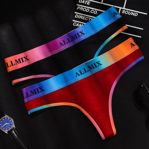 European and American women's sexy sports fitness gradient rainbow letter cotton seamless low-waist thong briefs