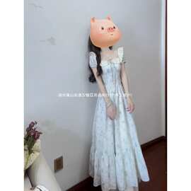 法式领口蕾丝边连衣裙女夏日绝美甜美公主裙收腰温柔风度假长裙子