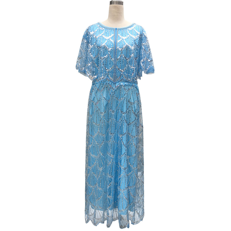 European and American Heavy-Duty Sequin Beaded Dress Long Dress Round Neck Fake Two-Piece Long Dress Banquet Party Shawl Dress