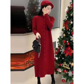 東亞臺灣跨境纯色针织连衣裙女宽松遮肉显瘦洋气气质过年红色长裙