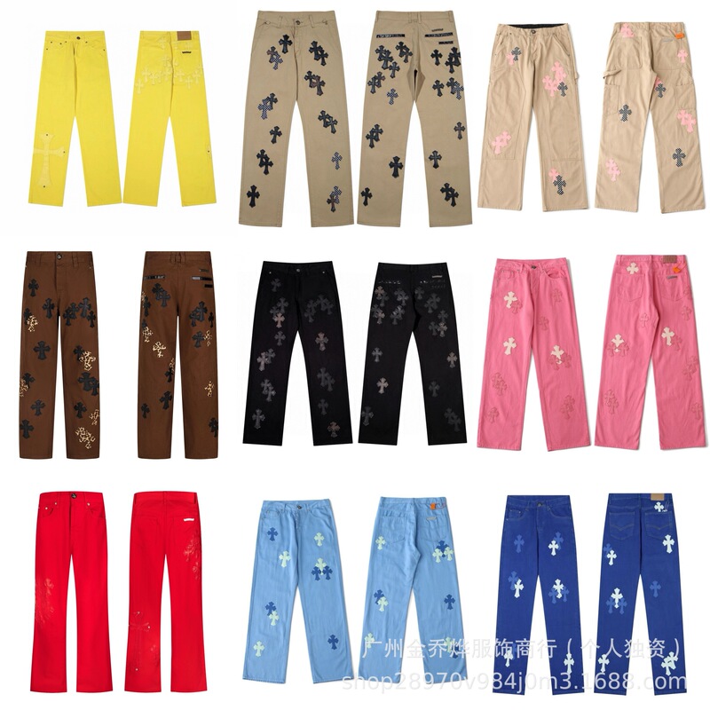 Cross-Border Trade High-End Version Chrome Hearts Cross Leather Label Washed Denim Jeans Unisex Loose-Fitting Denim Pants