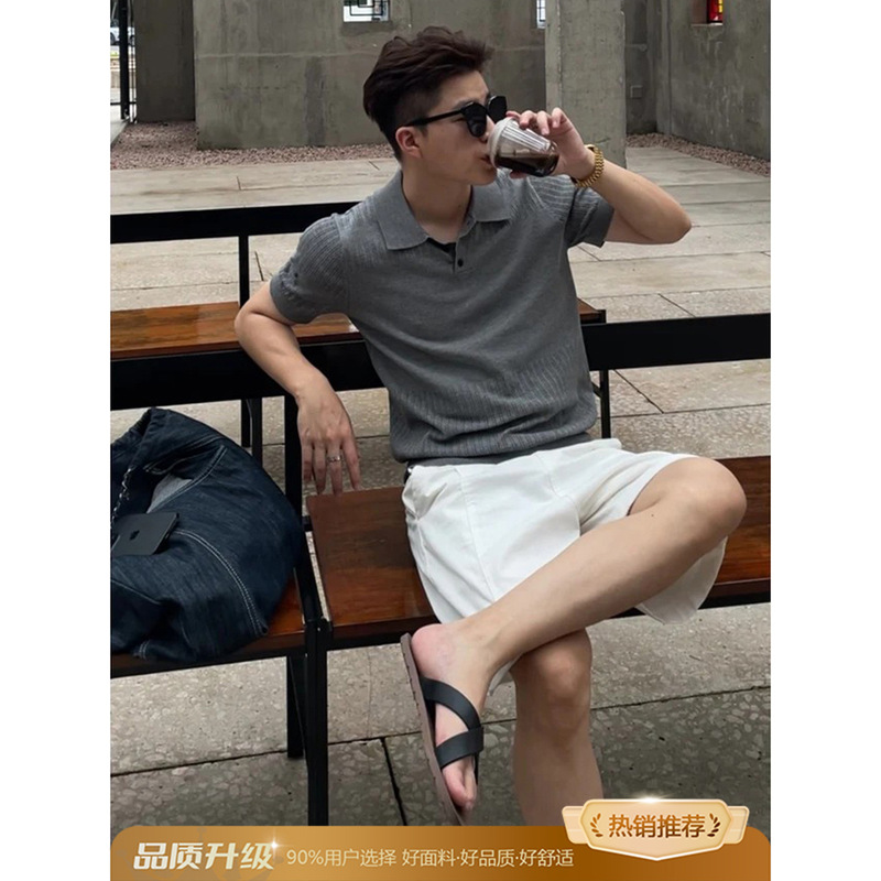 老钱风穿搭针织短袖polo衫男士夏季重磅翻领正肩t恤美式复古半袖|undefined