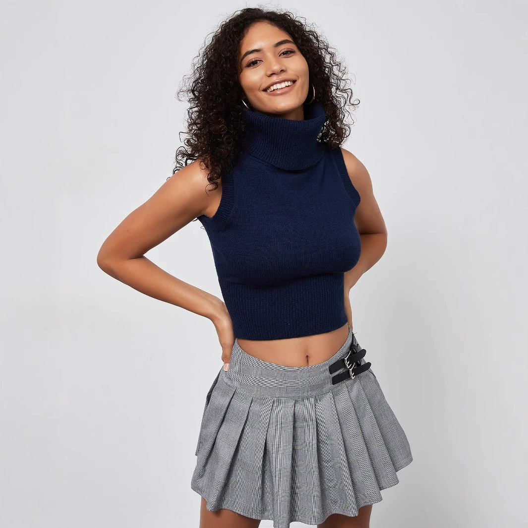 Трансграничная женская одежда оптом в европейском и американском стиле Rice Spice Girl с высоким воротником трикотажный жилет сплошной цвет тонкое тело короткий свитер без рукавов зимой