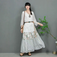 2025新款森系田园复古碎花蕾丝拼接松紧腰半身裙民族风三件套套装