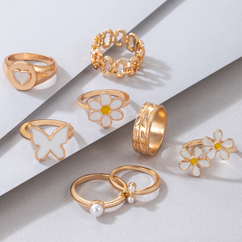 1 Set Fashion Heart Shape Flower Butterfly Alloy Enamel Plating Inlay Pearl Womenu0027S Rings