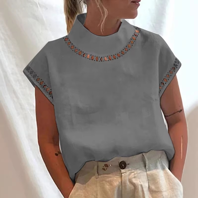 Wish Independent Station Women's Pure Color Cut Out Top Casual High Collar Linen Lace Breathable Shirt Ready Stock